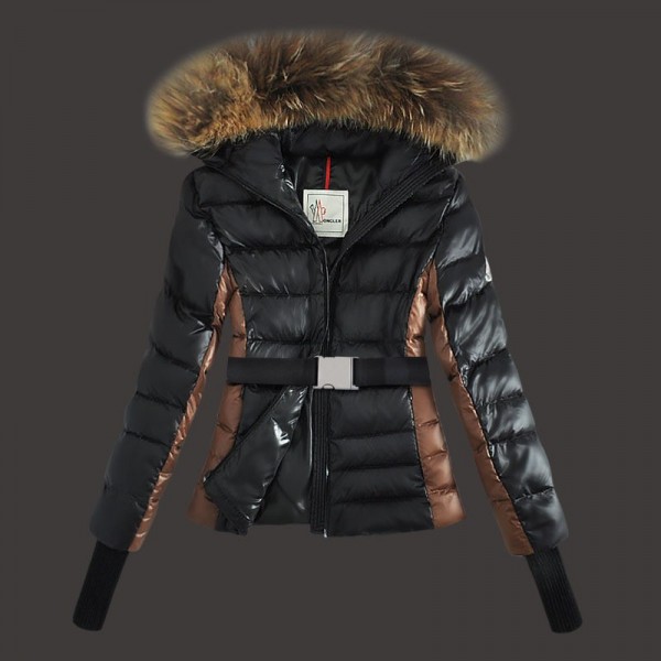 Moncler Donna Giù cappotto di pelliccia con cappuccio nero Saldi M1095